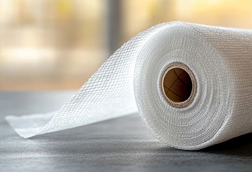 Fiberglass mesh. Fiberglass mesh is added at seams and corners for reinforcement. 